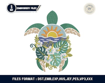 Diseño de bordado de tortuga marina al atardecer, paisaje tropical (descarga digital)