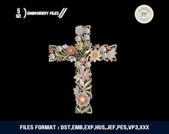 Floral Cross Embroidery Design: Easter Religious Flower Machine File (Instant Download)