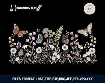 Floral Butterfly Border Embroidery Design, Wildflower Vine Frame (Digital Download)