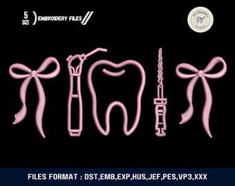 Dental Tooth Embroidery Design with Pink Bow (Instant Download)