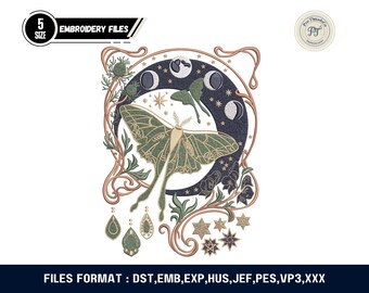 Luna Moth Embroidery Design, Celestial Moon Floral Pattern, Boho Mystical Nature Machine Embroidery File