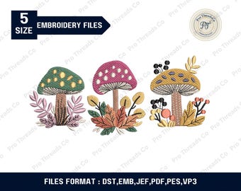 Diseño de bordado de setas y flores silvestres, motivos florales otoñales (archivo para bordado a máquina)