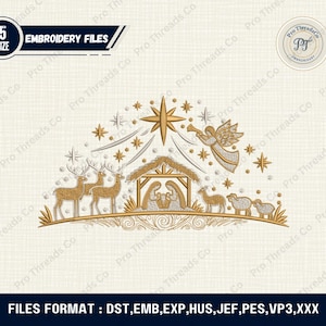 May include: Gold and silver embroidery design featuring a Nativity scene with a star, angel, deer, and sheep. The design includes the text "EMBROIDERY FILES" and "5 SIZE". The image also displays the text "FILES FORMAT : DST, EMB, EXP, HUS, JEF, PES, VP3, XXX".