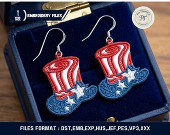 Diseño de bordado de pendientes con forma de sombrero patriótico FSL: encaje con la bandera estadounidense del 4 de julio (descarga instantánea)