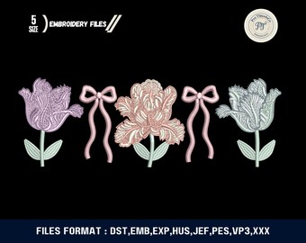 Tulip Bow Embroidery Design, Floral Machine Pattern, Kids Wear Totes (Instant Download)