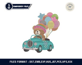 Vintage Teddy Bear Car Embroidery Design, Baby Nursery (Digital File)