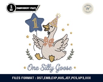 Silly Goose Birthday Embroidery Design: First Birthday, Baby Shower Applique (Digital Download)