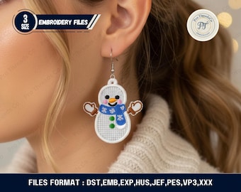 FSL Christmas Snowman Earrings Machine Embroidery Design, Winter Holiday Earrings, Free Standing Lace Embroidery File, New Year Jewelry