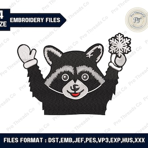 May include: An embroidered design of a raccoon holding a snowflake. The raccoon is black with white accents and wearing white mittens. The design is labeled as embroidery files with multiple file formats.