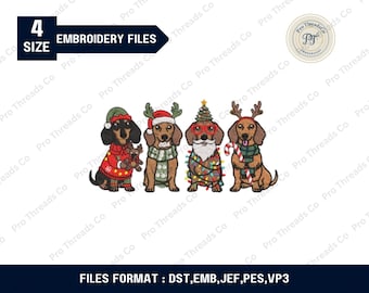 Diseño de bordado de perro salchicha navideño, perro festivo (descarga digital)