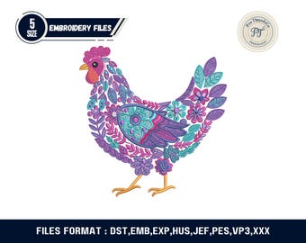 Floral Chicken Embroidery Design | Farmhouse Hen Pattern (PES)