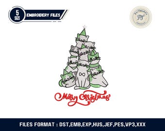 Diseño de bordado de árbol de Navidad con gato / Estrella navideña (Descarga digital)