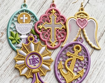 FSL Religious Earring Embroidery Designs Bundle, Christian Lace Earrings, Communion Cross Machine Embroidery Files