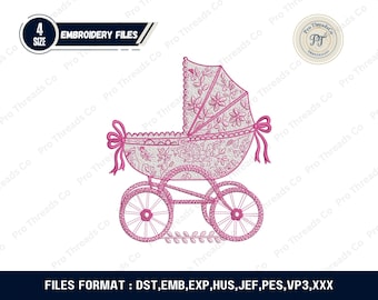 Toile Baby Carriage Embroidery Design, Chinoiserie Redwork Pram Pattern (Digital Download)