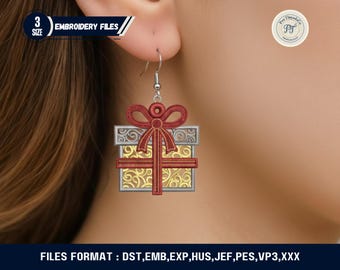 Diseño de bordado para pendientes FSL Present / Pendientes de encaje con caja de regalo / Patrón de bordado a máquina / Descarga instantánea
