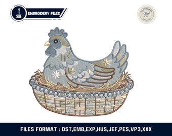 Hen on Nest Applique Embroidery Design Vintage Farmhouse Chicken Machine Embroidery File Digital Download