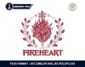 Diseño de bordado de corazón de fuego para bordado a máquina, fantasía inspirada en el Trono de Cristal, descarga digital de Booktok Merch