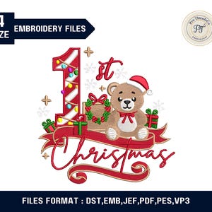 1st Christmas Baby Teddy Bear Embroidery Design | My First Christmas Embroidery | Cute Baby & Kids Christmas Embroidery Pattern | 4 Sizes