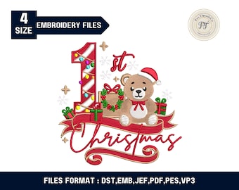1st Christmas Baby Teddy Bear Embroidery Design | My First Christmas Embroidery | Cute Baby & Kids Christmas Embroidery Pattern | 4 Sizes