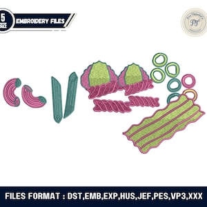 Peut inclure: Un motif de broderie représentant différentes formes de pâtes, dont des penne, des rotinis et des rigatonis, dans des tons de rose, de vert et de jaune. Le motif comprend le texte "EMBROIDERY FILES" et "5 SIZE". Les formats de fichiers sont répertoriés comme DST, EMB, EXP, HUS, JEF, PES, VP3 et XXX.