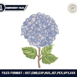 May include: An embroidery file design of a hydrangea flower in shades of blue and green. The design includes the text "EMBROIDERY FILES" and "FILES FORMAT : DST, EMB, EXP, HUS, JEF, PES, VP3, XXX". The design is for 5 sizes.
