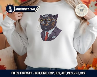 Diseño de bordado de monóculo de pantera, descarga digital, archivo de bordado a máquina de retrato de animal vintage para camisas, chaquetas y parches.