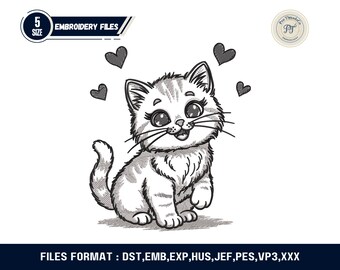 Cute Cat Embroidery Design | Frazzled Cat Machine Embroidery File | Cat Face Embroidery Pattern | Heart Cat Digital Download
