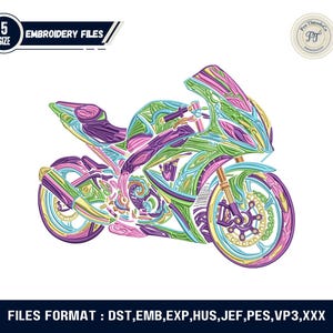 May include: Colorful motorcycle embroidery design with a detailed, abstract pattern. The design features a variety of colors, including green, purple, pink, and yellow. The image includes the text "EMBROIDERY FILES" and "5 SIZE".