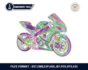 Colorful Neon Motorcycle Embroidery Design Retro Biker Machine Embroidery File Motorbike Patch Pattern Digital Download