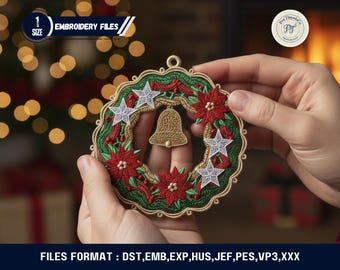 Diseño de bordado de corona navideña FSL, con cascabeles festivos de encaje independiente, archivo de bordado a máquina, descarga instantánea