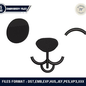 Puede incluir: Diseño de archivo de bordado negro con la cara de un oso de dibujos animados con una oreja ovalada, una nariz redonda y una boca curva. La imagen incluye el texto "EMBROIDERY FILES" y "5 SIZE". Los formatos de archivo se enumeran en la parte inferior.