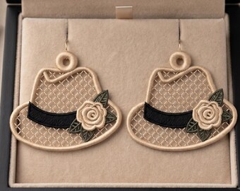 FSL Sun Hat Earrings Embroidery Design, Free Standing Lace Jewelry Pattern, Summer Hat Dangle Earrings Machine Embroidery File