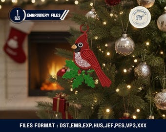 FSL Red Cardinal Machine Embroidery Design | Winter Bird Christmas Ornament | Free Standing Lace Cardinal Pattern for 5x7 Hoop