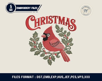 Diseño de bordado navideño de cardenal rojo / Ave de invierno (Navidad digital)