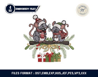 Diseño de bordado de ratones de invierno / Archivo de puntada de escena navideña (descarga digital)
