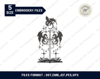 Diseño de bordado de espada y dragón / Patrón de bordado de libro de fantasía / Archivo de bordado a máquina de jinete de dragón mágico / Puntada de dragón mítico