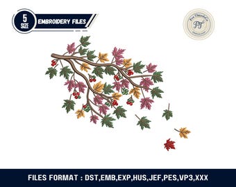 Diseño de bordado de ramas con hojas de otoño, decoración otoñal (descarga digital)