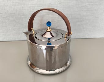 Vintage Bodum Ottoni Stovetop Kettle 1.5L – Polished Stainless Steel, wooden Handle, blue eye.