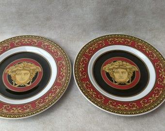 Set of 2 vintage 1990s Rosenthal Versace Medusa series porcelain plates, Golden plating porcelain plates set 18.2cm support verification