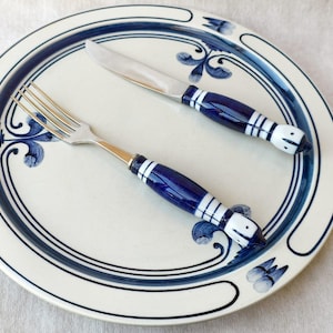 Vintage German Rosenthal 1980s hand paint Ceramic Steak cutlery set, colbat Ceramic Plate Folk and knife set