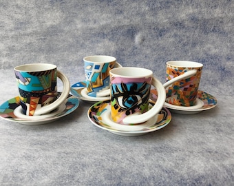 set of 4 Vintage Rosenthal Cupola artists collection series Espresso Cups and Saucers