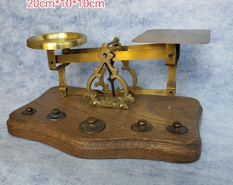 Vintage German Brass Balance Scale with Oak Wood Base and Weights