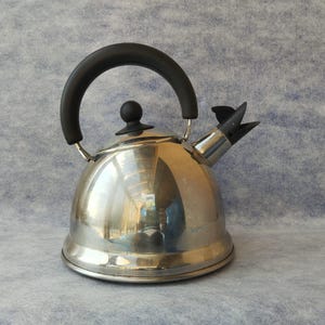 May include: A stainless steel tea kettle with a black handle and spout. The kettle has a rounded body and a black knob on the lid. The spout has a black whistle. The kettle is designed for stovetop use.