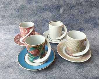set of 4 Vintage Rosenthal Cupola artists collection series Espresso Cups and Saucers