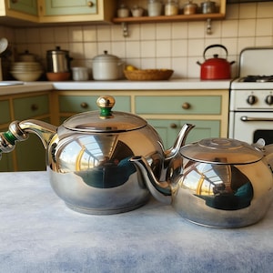 Könnte beinhalten: Zwei glänzende Teekannen aus Edelstahl mit grünen und goldenen Griffen stehen auf einer hellblauen Oberfläche. Die Teekannen befinden sich in einer Küche, mit einem Herd und Schränken im Hintergrund. Die Teekannen haben ein klassisches Design.