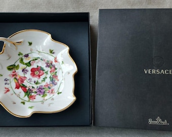 Plato de porcelana vintage Rosenthal Versace Flower Fantasy de los años 2000, porcelana bañada en oro, 20 cm x 17 cm x 5 cm, verificación de soporte en caja original.