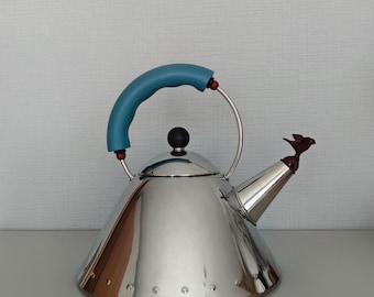 Vintage New Whistle Alessi Michael Greaves MG9093 bird Whistle Kettle: 1980s Italian Stainless Steel Teapot