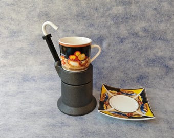 1980s Italian Moka Espresso Maker, Grey Metal, Porcelain Cup Set
