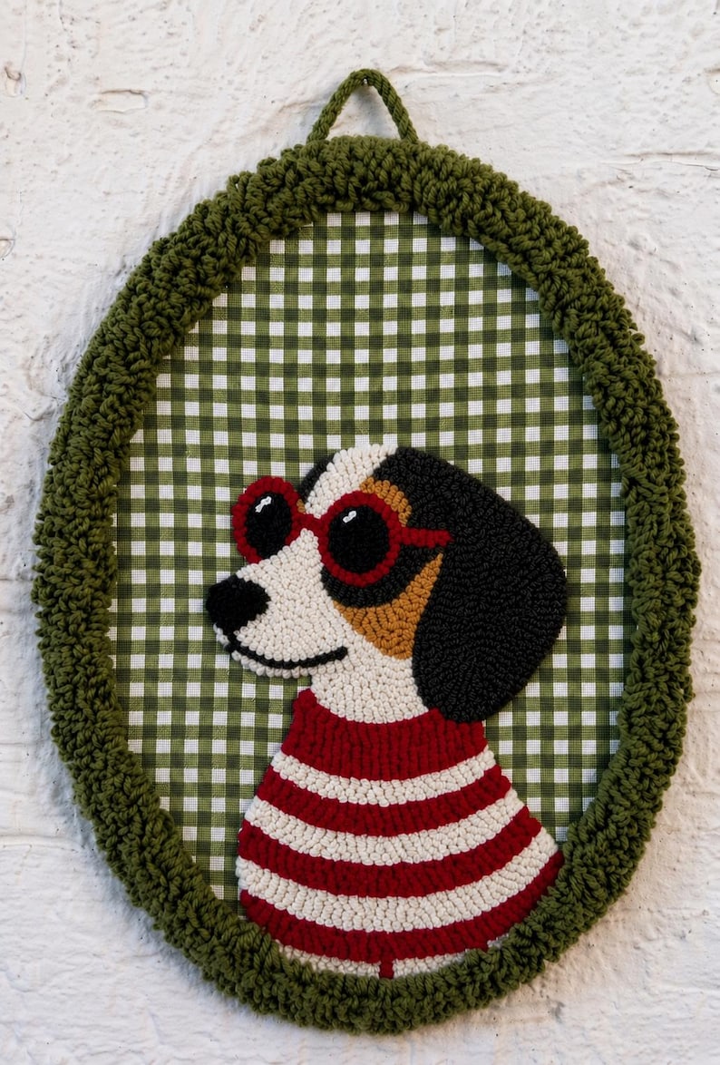 Handmade Punch Needle Sausage Dog Wall Hanging, Dachshund Nursery Decor, Embroidered Hoop Model7