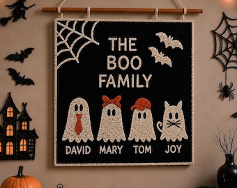 Halloween Family Punch Needle Wall Hanging, Custom Embroidered Ghost Decor, Halloween Gifts